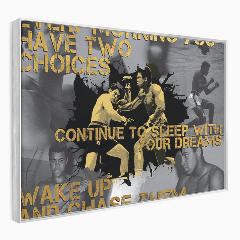 Tablou canvas cu tablou canvas motivational cu muhammad ali, in rama de aluminiu argintiu